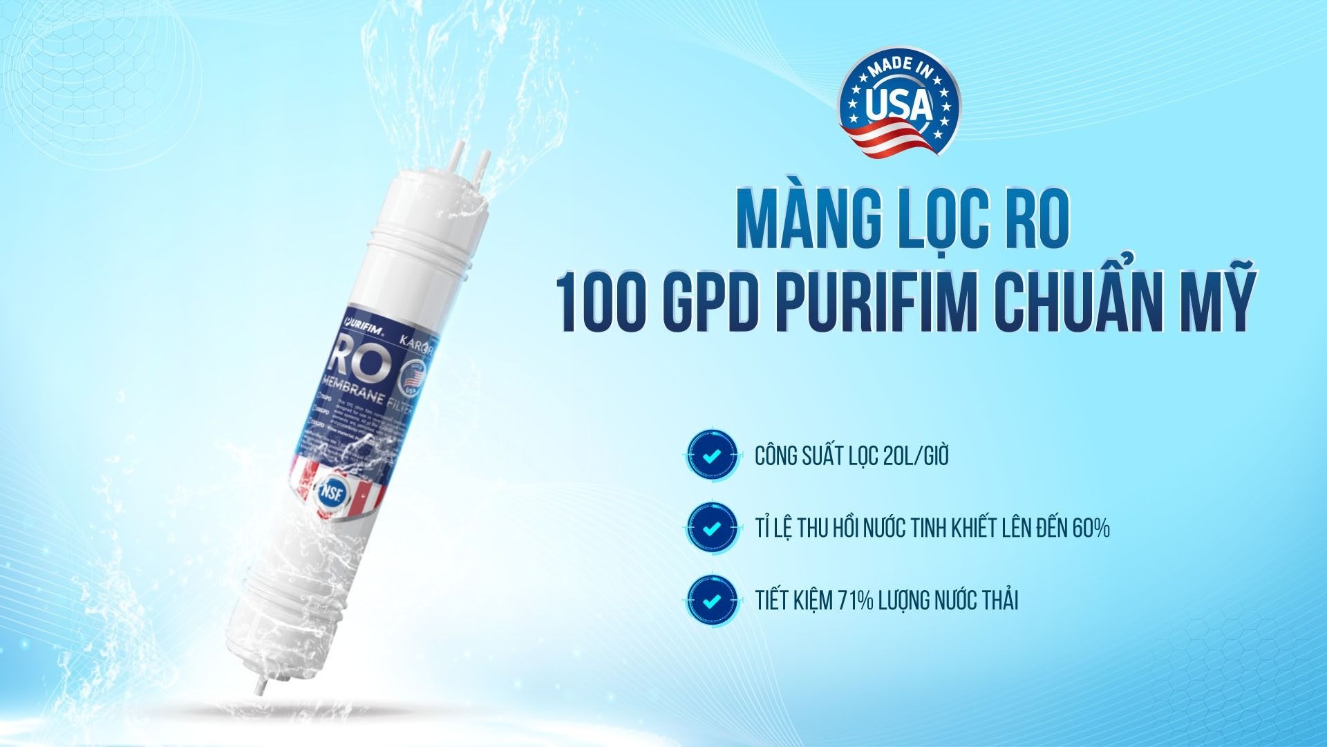 Màng lọc RO Purifim chuẩn Mỹ giúp tiết kiệm đến 71% lượng nước thải