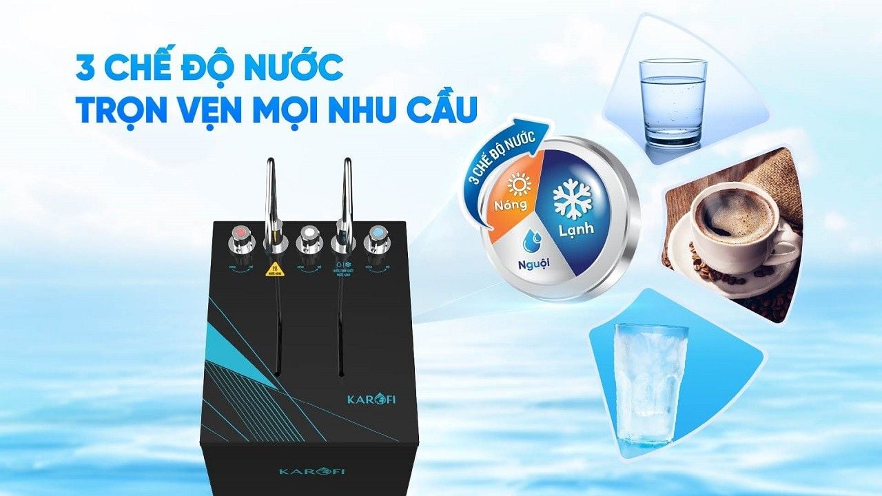 Máy lọc nước nóng lạnh Karofi KAD-X58 có thiết kế 2 vòi cùng 3 chế độ nước