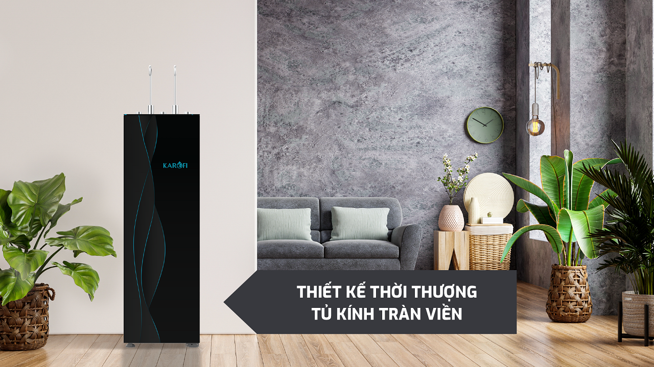 Máy lọc nước nóng lạnh Karofi KAD-X56 với thiết kế hiện đại và tủ kính tràn viền thời thượng