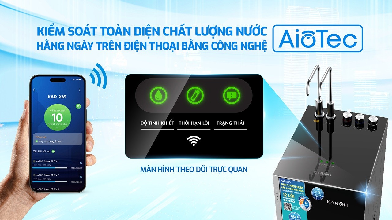 Máy lọc nước Karofi&nbsp;KAD-X69&nbsp;tích hợp công nghệ AioTec giúp giám sát chất lượng nước