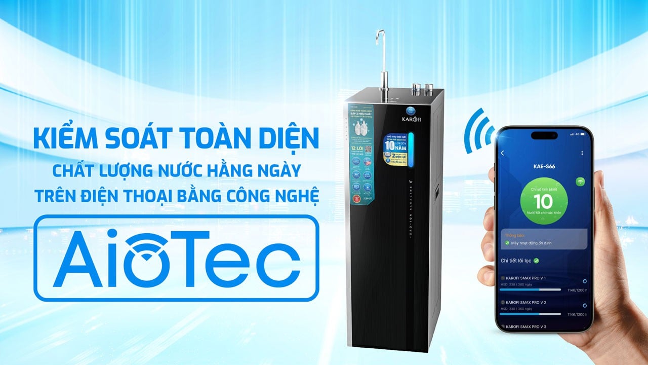 Máy lọc nước Karofi&nbsp;KAE-S66&nbsp;tích hợp công nghệ AioTec giúp giám sát chất lượng nước
