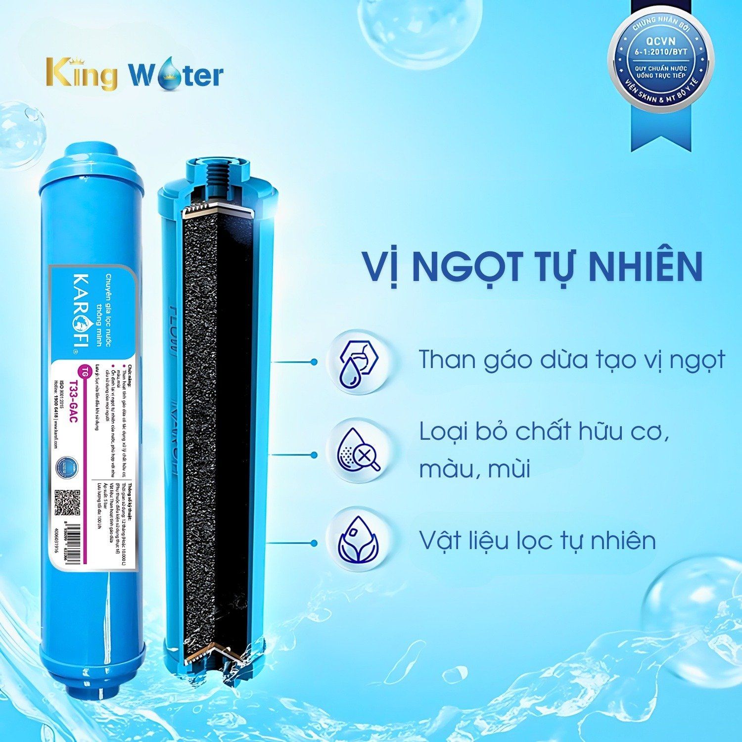 Lõi T33-GAC (Carbon) loại bỏ cặn bẩn, trung hoà vị ngọt của nước