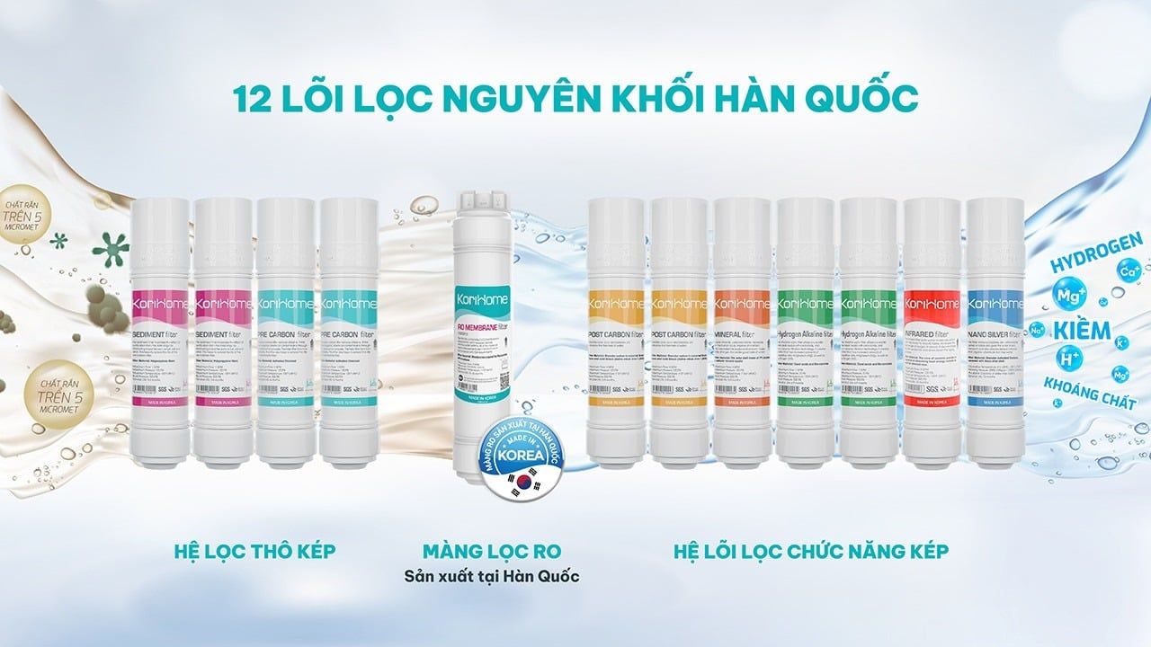 Máy lọc nước nóng lạnh Korihome WPK-968 tích hợp hệ thống 12 lõi lọc nguyên khối Hàn Quốc