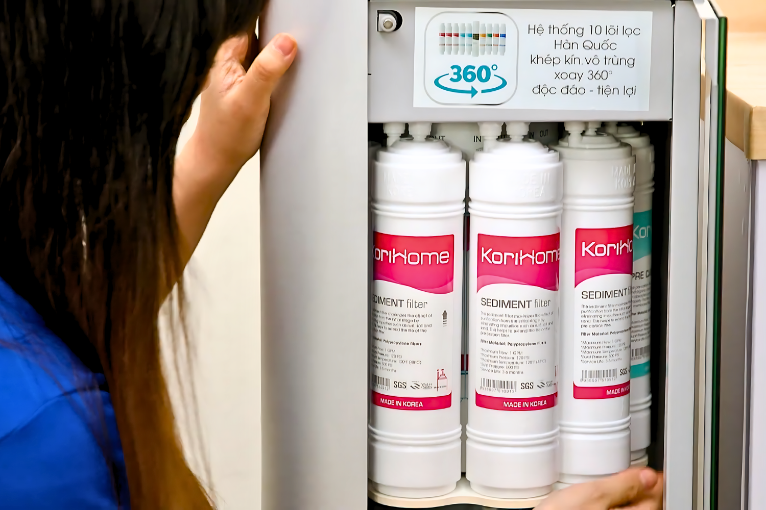 Hệ thống lõi lọc KoriHome WPK-G62 có thiết kế dạng ổ xoay tròn 360 độ