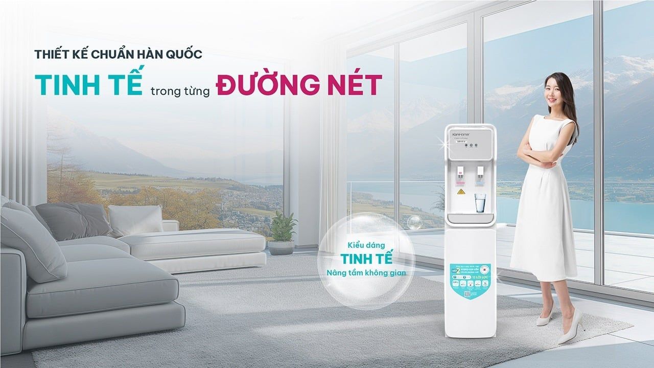 Máy lọc nước Korihome&nbsp;WPK-966 có thiết kế tủ đứng hiện đại với màu trắng sang trọng