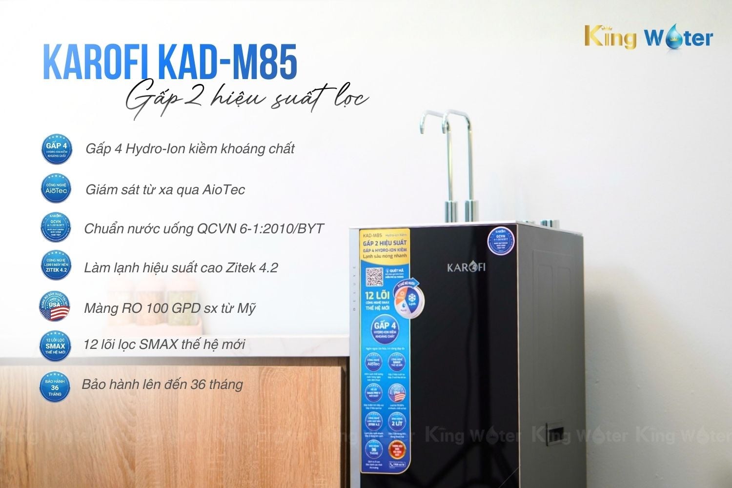 Máy lọc nước nóng lạnh Karofi KAD-M85 gấp 2 hiệu suất với 4 Hydro-ion kiềm
