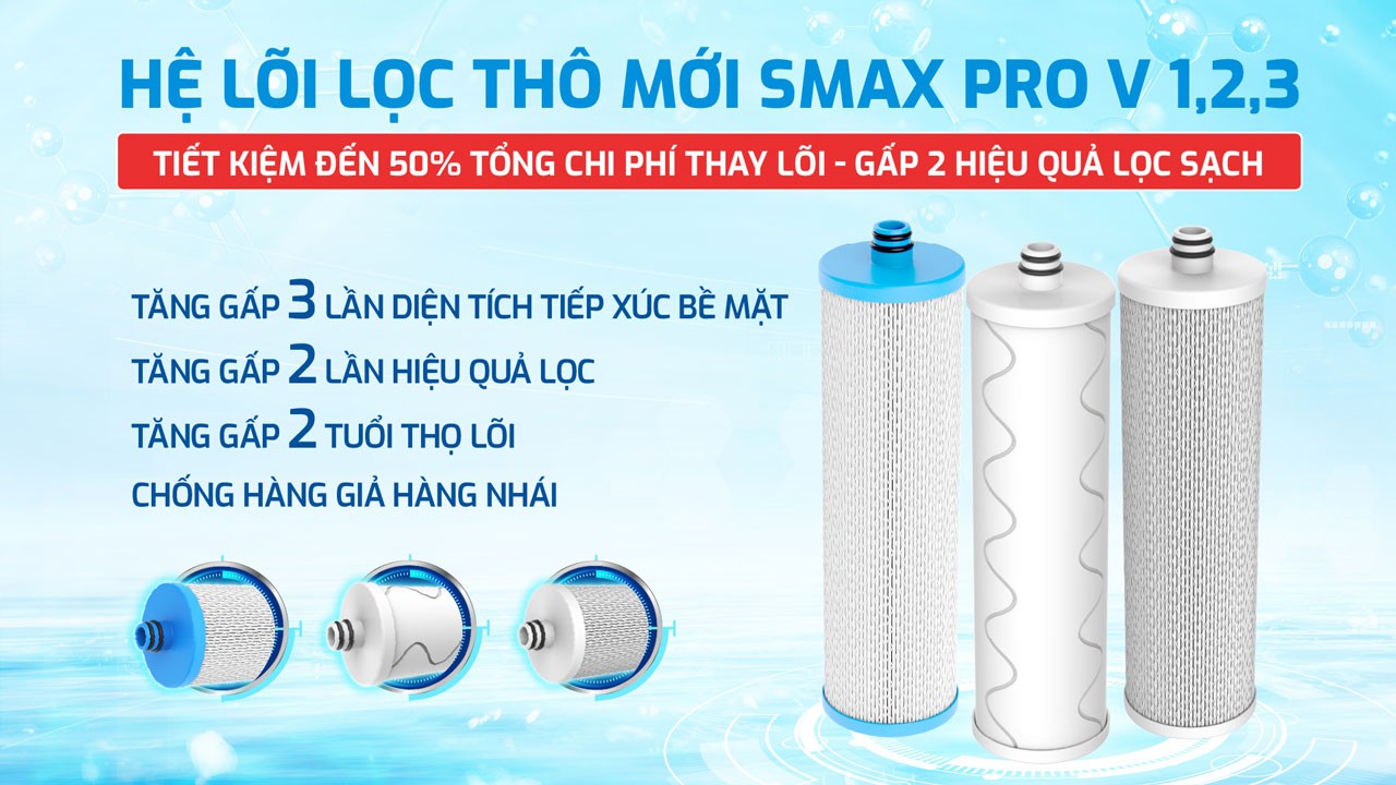 Máy lọc nước&nbsp;nóng lạnh Karofi&nbsp;KAD-L82 trang bị bộ 3 lõi lọc thô Smax Pro V