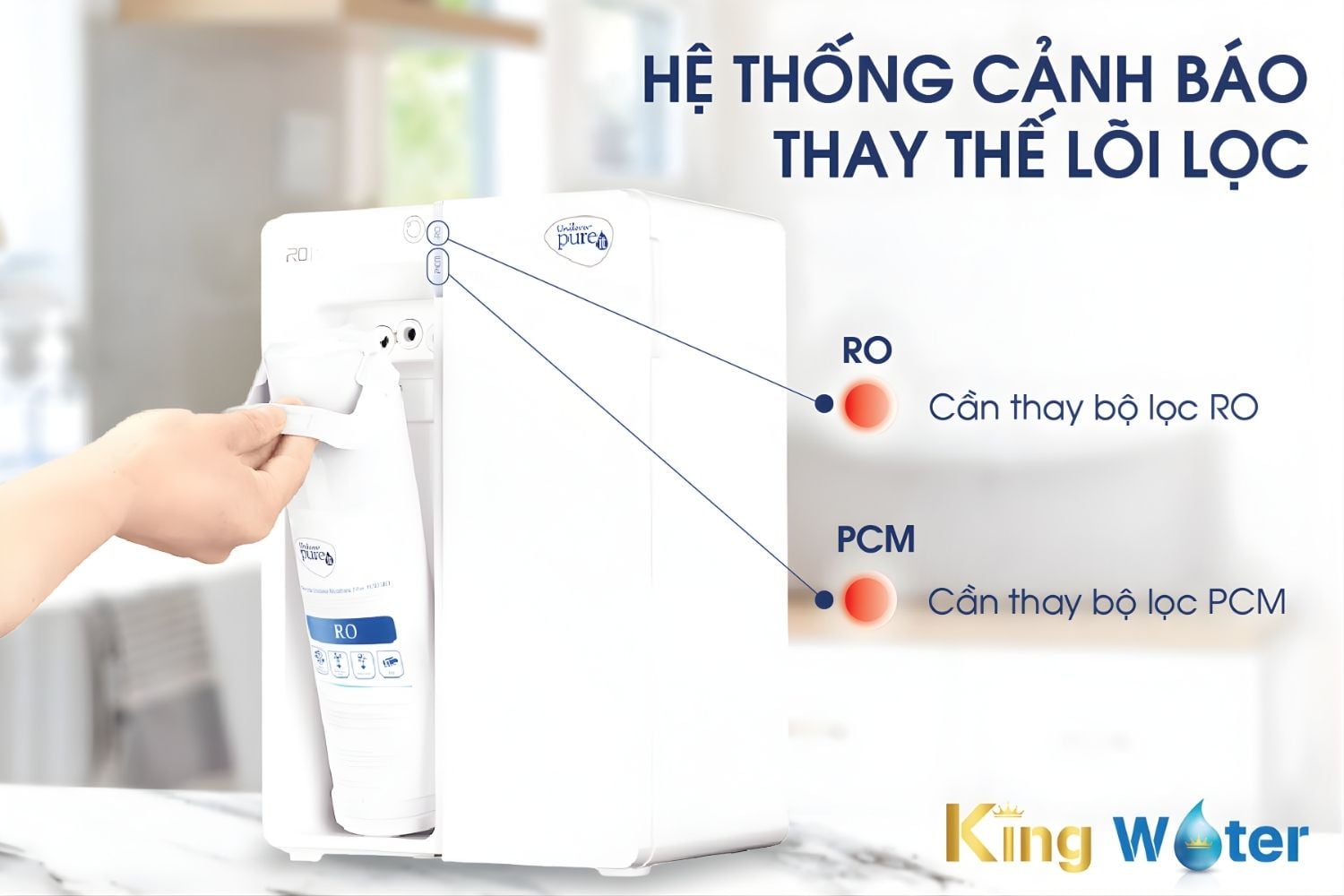 Đèn báo tuổi thọ lõi lọc PCM hiển thị trên thân máy