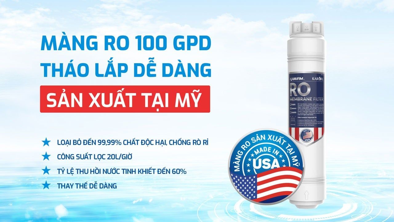 Màng RO 100 GPD sản xuất tại Mỹ, tháo lắp dễ dàng, loại bỏ 99,99% chất độc hại, công suất lọc 20 lít mỗi giờ