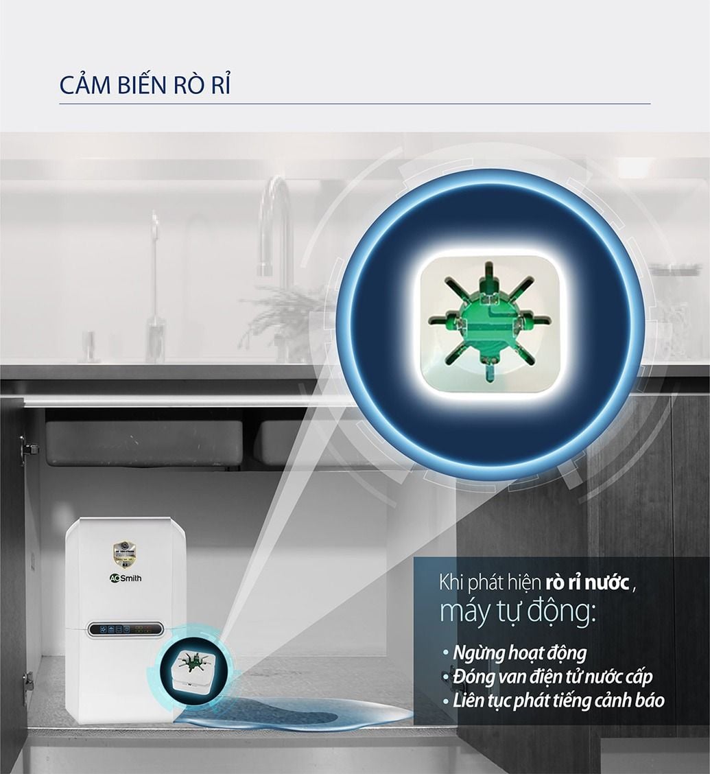 Aosmith E2 sử dụng cảm biến rò rỉ nước thông minh