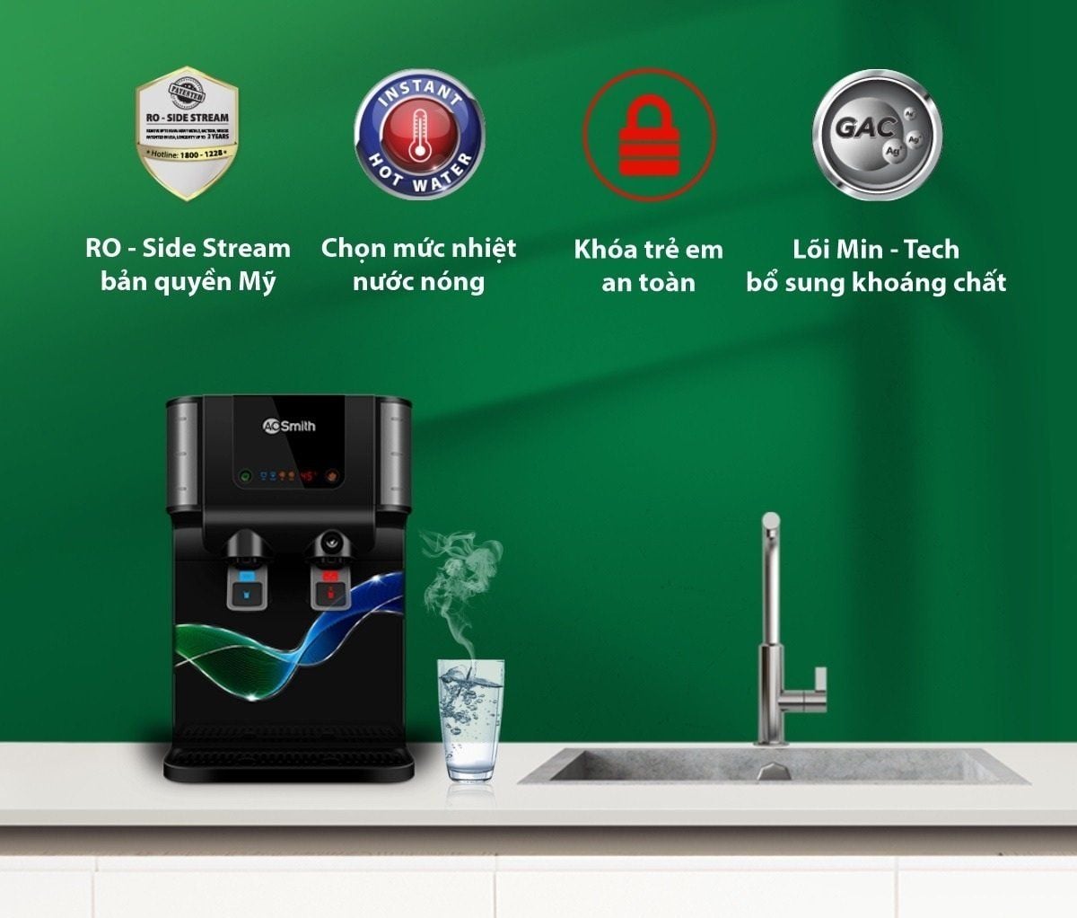 Máy lọc nước aosmith RO nóng lạnh tiện lợi