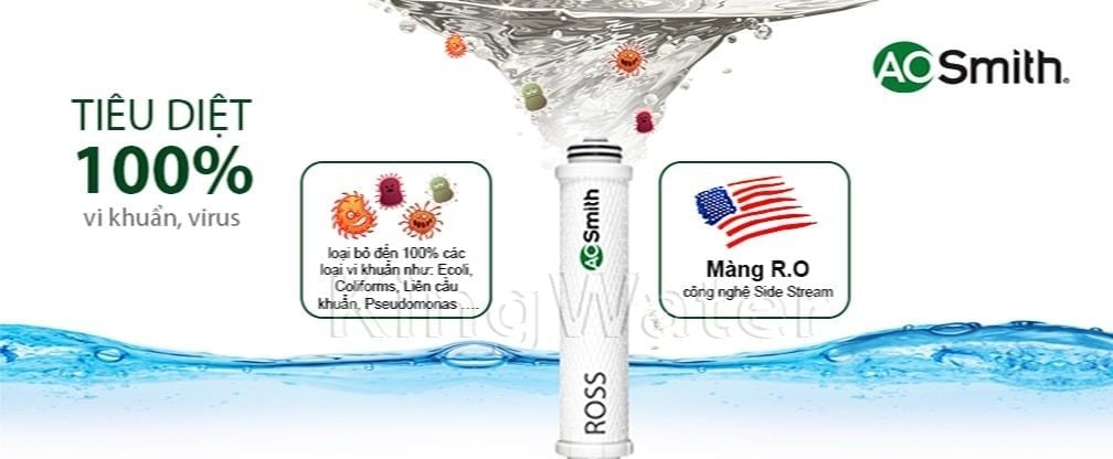 Máy lọc nước Ao Smith A2 có khả năng lọc sạch 100% vi khuẩn gây hại