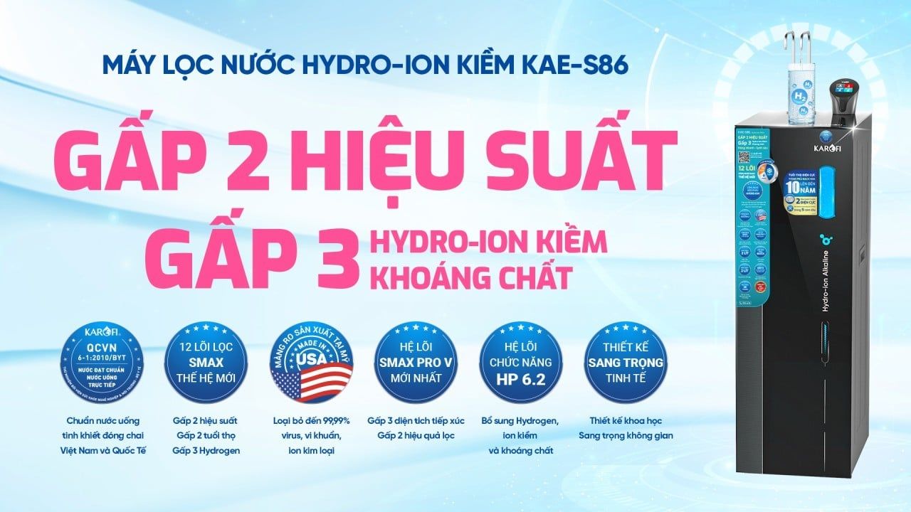 Máy lọc nước RO nóng lạnh Hydro-ion kiềm Karofi KAE-S86 với hệ thống 12 lõi lọc Smax thế hệ mới