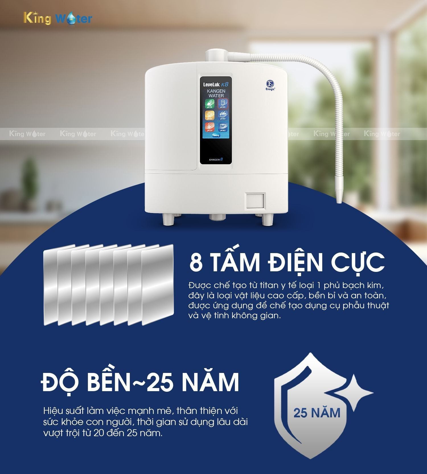 Máy lọc nước Kangen K8 được trang bị 8 tấm điện cực