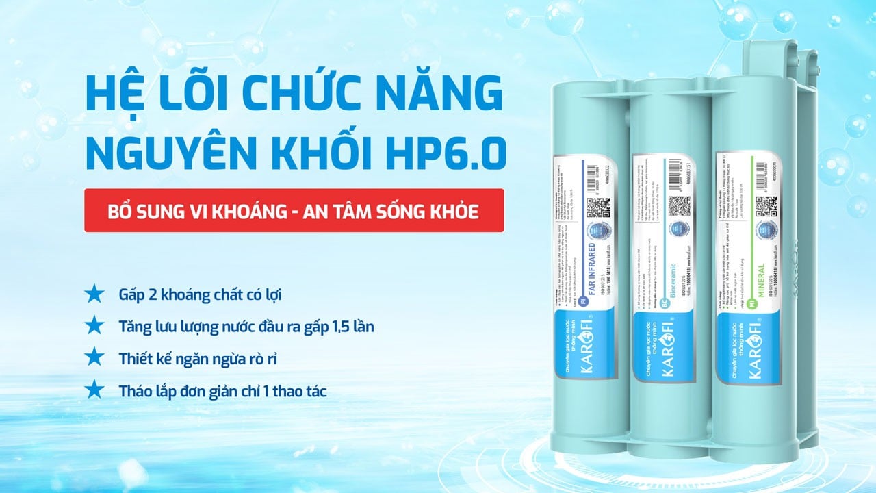 Máy lọc nước Karofi KAD-L82 trang bị hệ lõi lọc chức năng HP 6.0