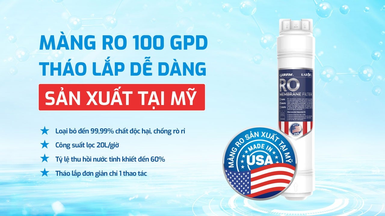 Máy lọc nước Karofi KAD-L85 trang bị màng RO 100GPD nhập khẩu từ Mỹ
