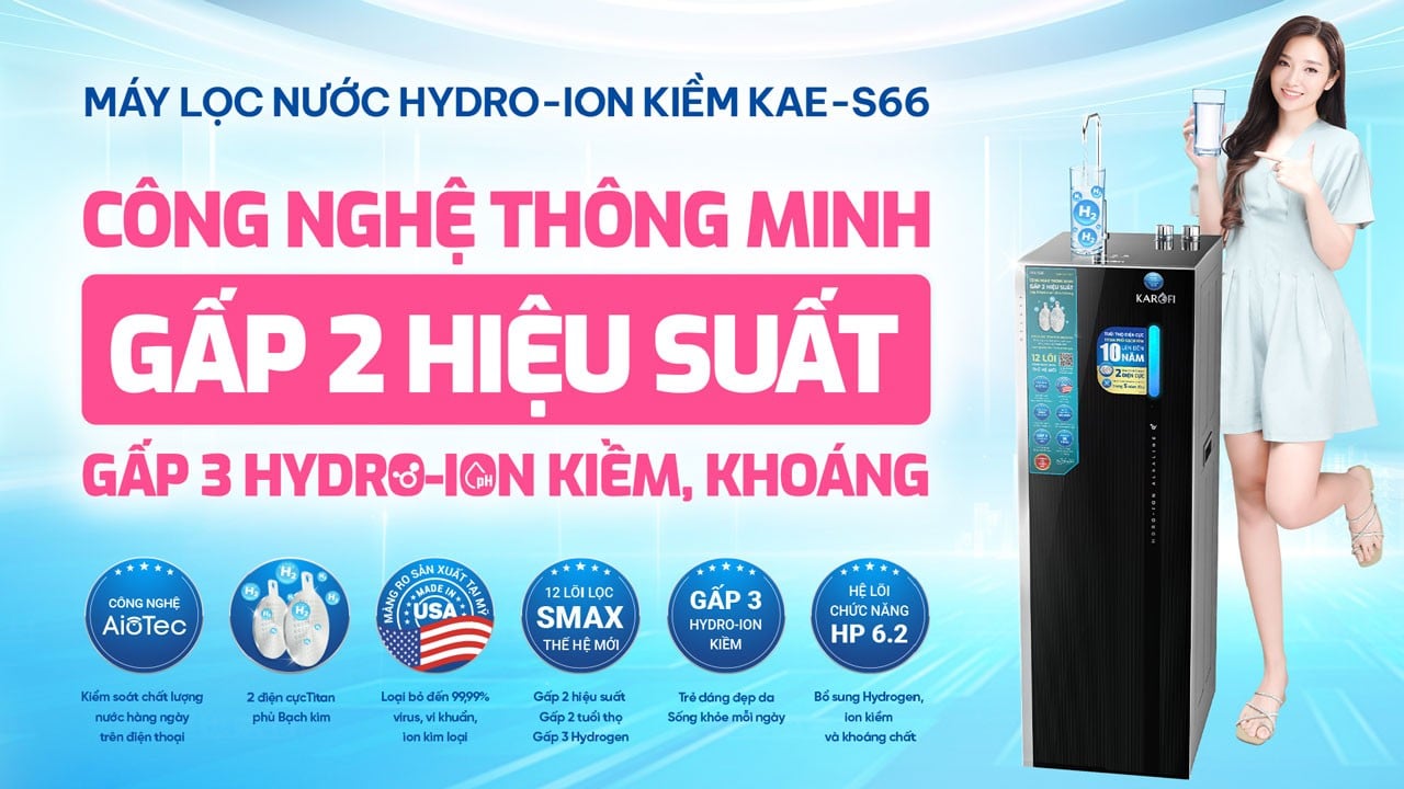 Máy lọc nước Karofi KAE-S66&nbsp;tạo gấp 2 hiệu suất, gấp 3 hydro ion kiềm