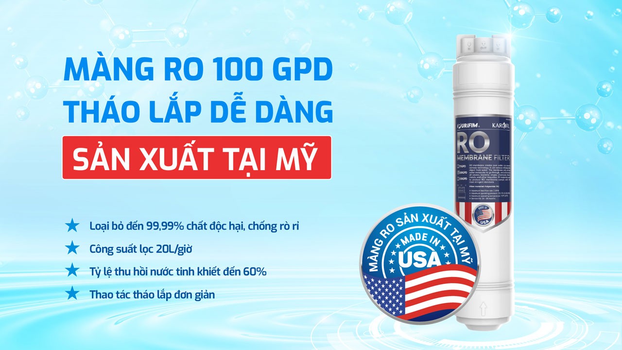 Máy lọc nước Karofi&nbsp;KAE-S66&nbsp;trang bị màng RO 100GPD nhập khẩu Mỹ