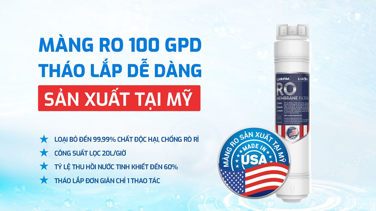 Máy lọc nước Karofi&nbsp;KAE-S68 PRO&nbsp;trang bị màng RO 100GPD nhập khẩu Mỹ