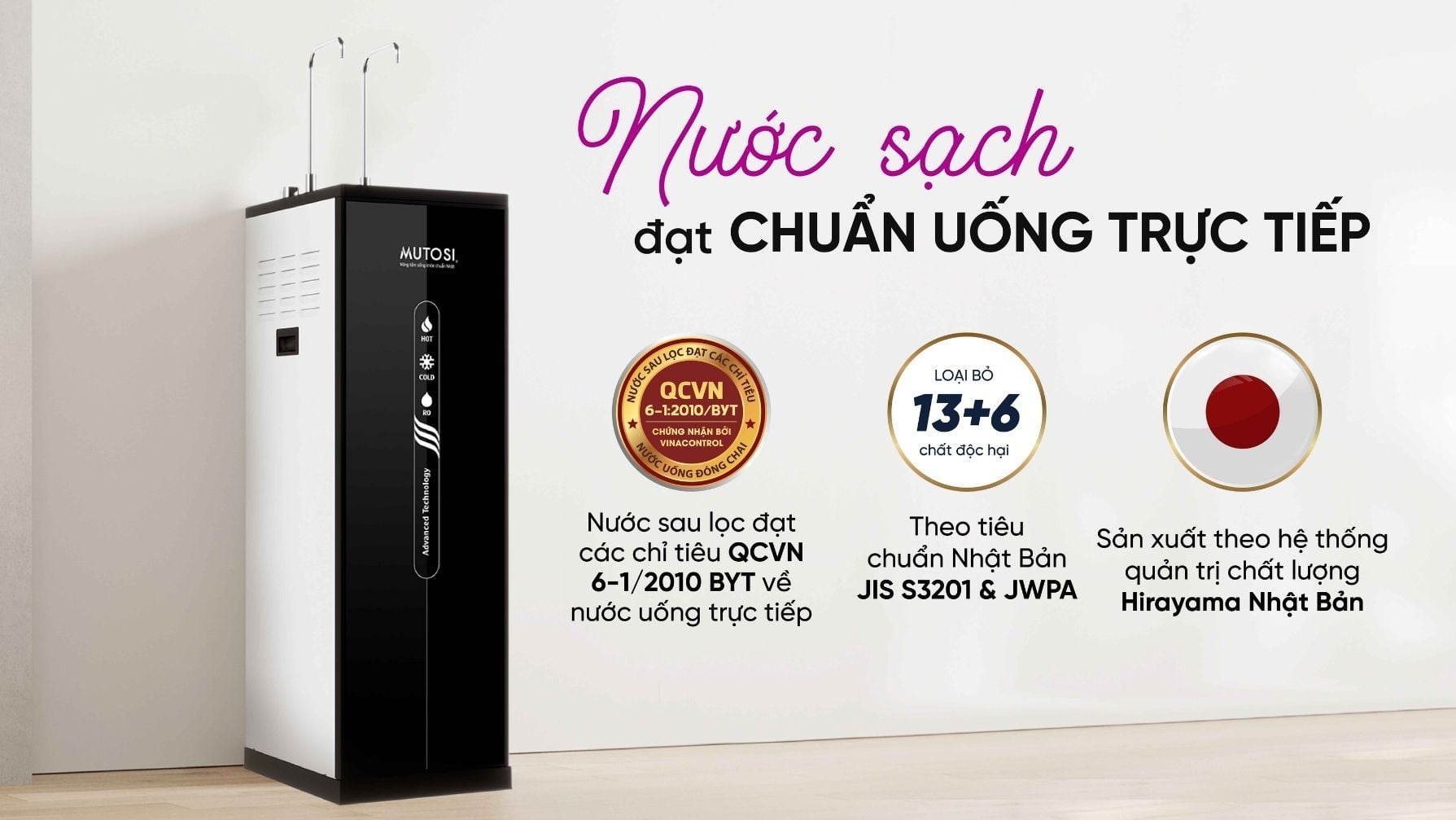 Nước sau khi lọc qua máy lọc nước Mutosi đạt quy chuẩn của Bộ Y Tế