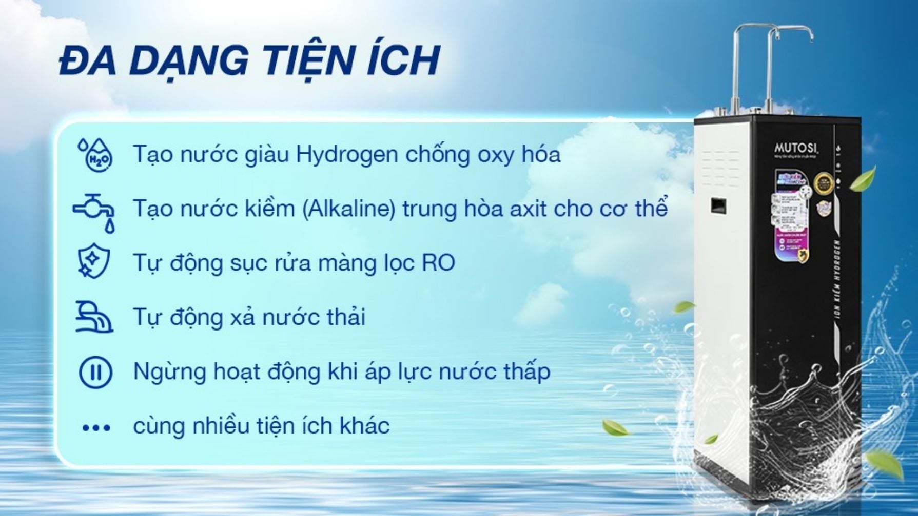 Máy lọc nước Mutosi trang bị đa dạng tiện nghi