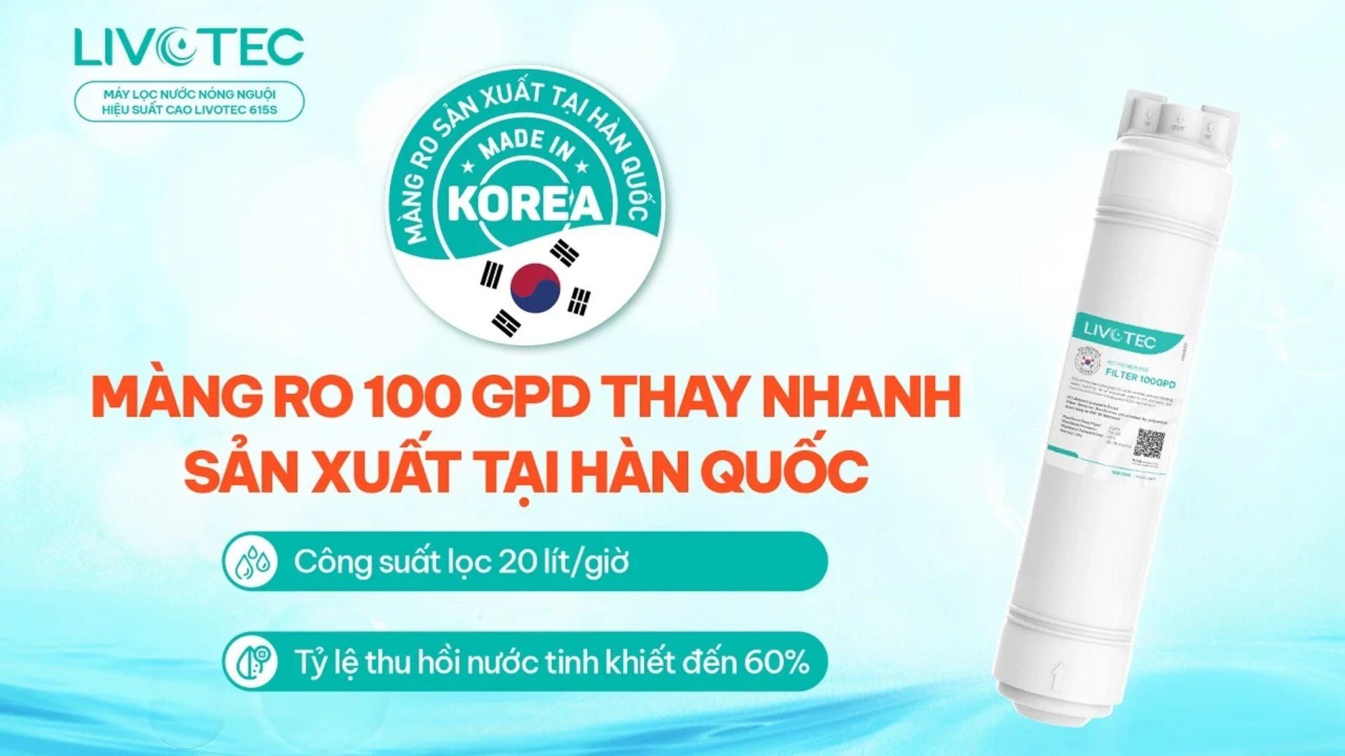 Màng lọc RO 100 GPD thay nhanh sản xuất tại Hàn Quốc