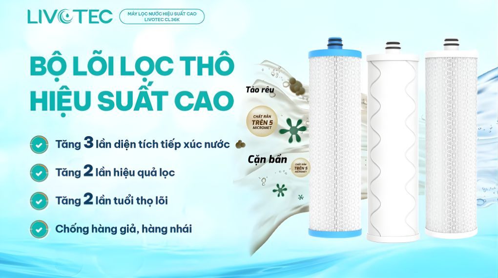 Bộ 3 lõi lọc thô công nghệ cao, đảm bảo chất lượng nước đầu ra tinh khiết