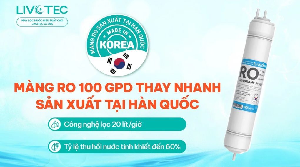 Màng lọc RO 100 GPD đảm bảo chất lượng nước đầu ra luôn tinh khiết và ổn định