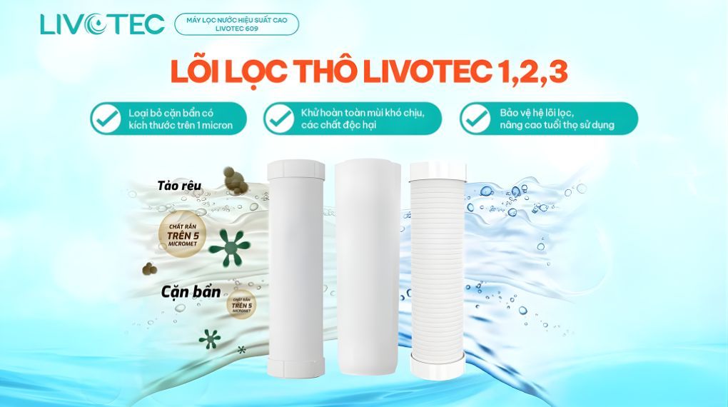 Cụm lõi lọc thô Livotec 1, 2, 3 giúp nâng cao hiệu suất lọc tinh và kéo dài tuổi thọ toàn bộ hệ thống