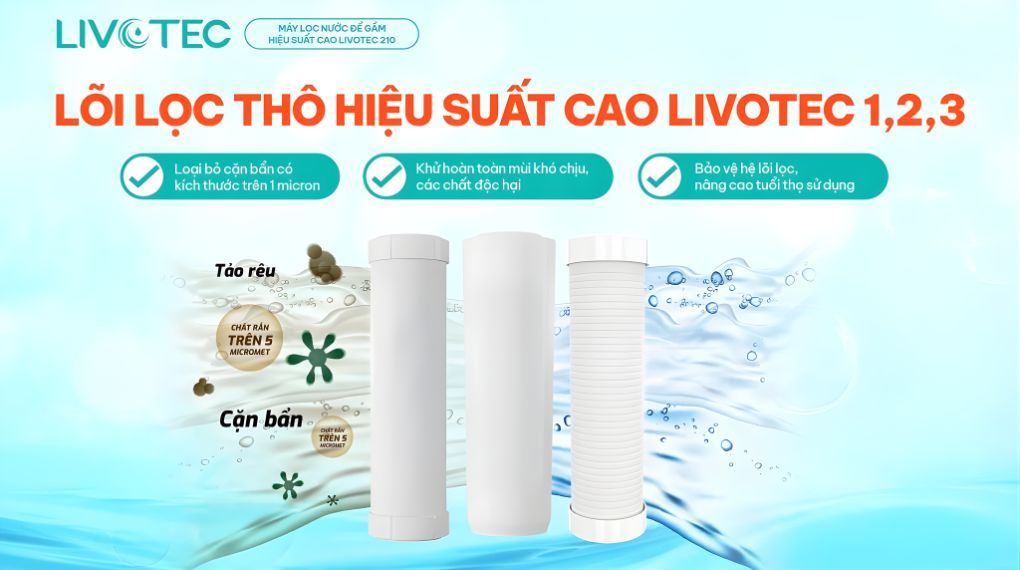Hệ lõi lọc thô hiệu suất cao Livotec 1,2,3 giúp loại bỏ các chất hữu cơ tạp chất