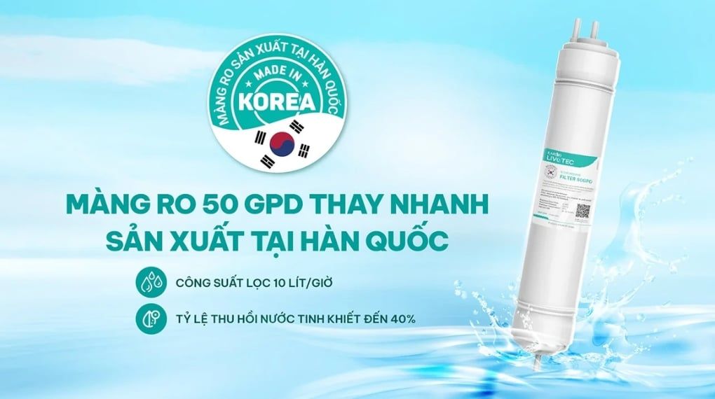 Màng lọc RO 50 GPD loại bỏ 99,99% virus, vi khuẩn, amip, asen, các ion kim loại nặng