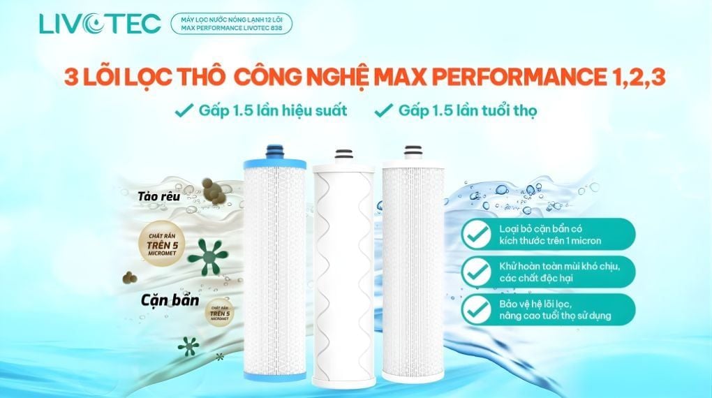 Bộ lõi lọc thô Max-Performance 1, 2, 3 cấu trúc xếp lớp hình rẻ quạt kết hợp thiết kế đa lớp lọc