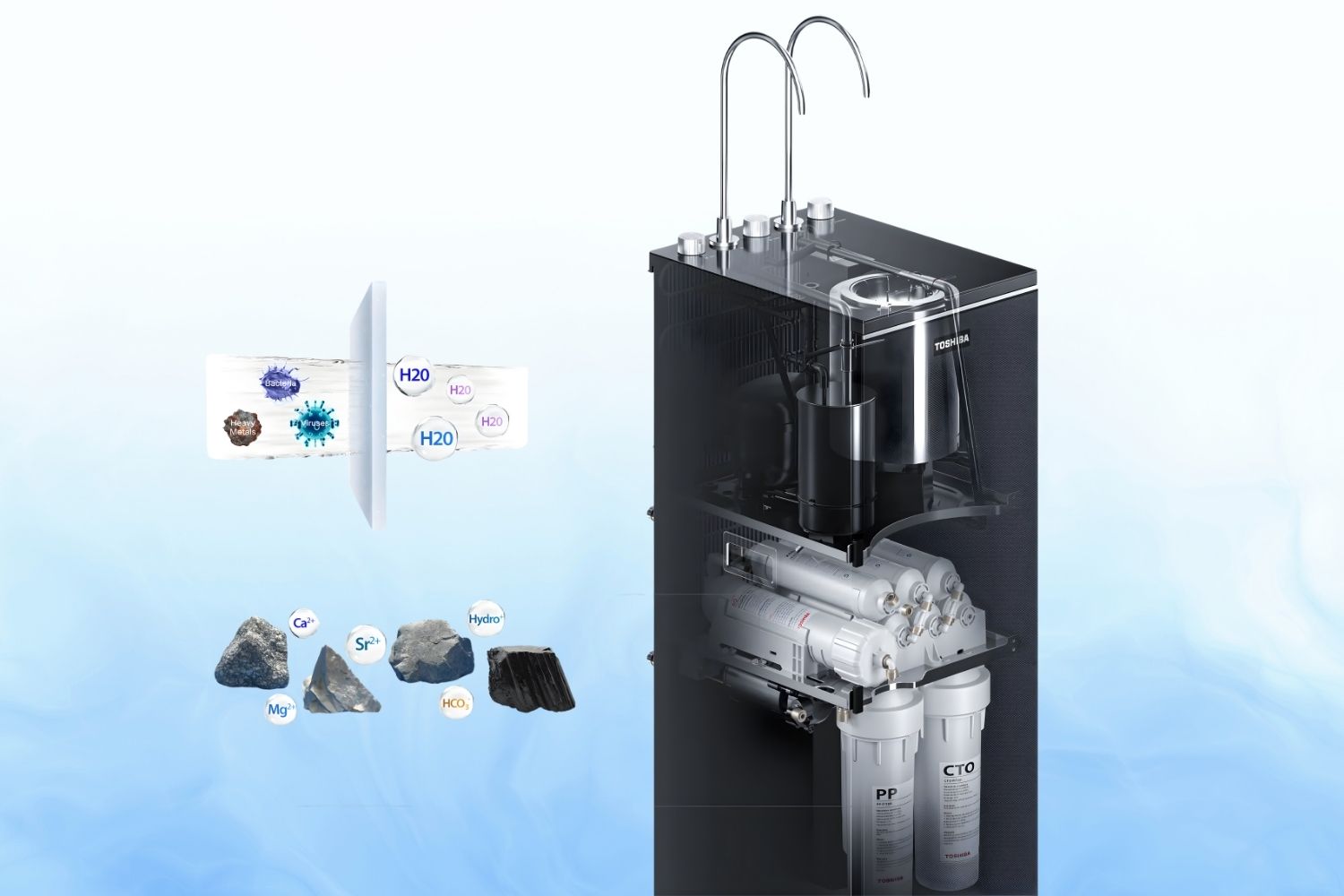 Máy lọc nước RO nóng lạnh nguội Toshiba TWP-WA2SVN(K) loại bỏ hoàn toàn vi khuẩn, virus và kim loại nặng