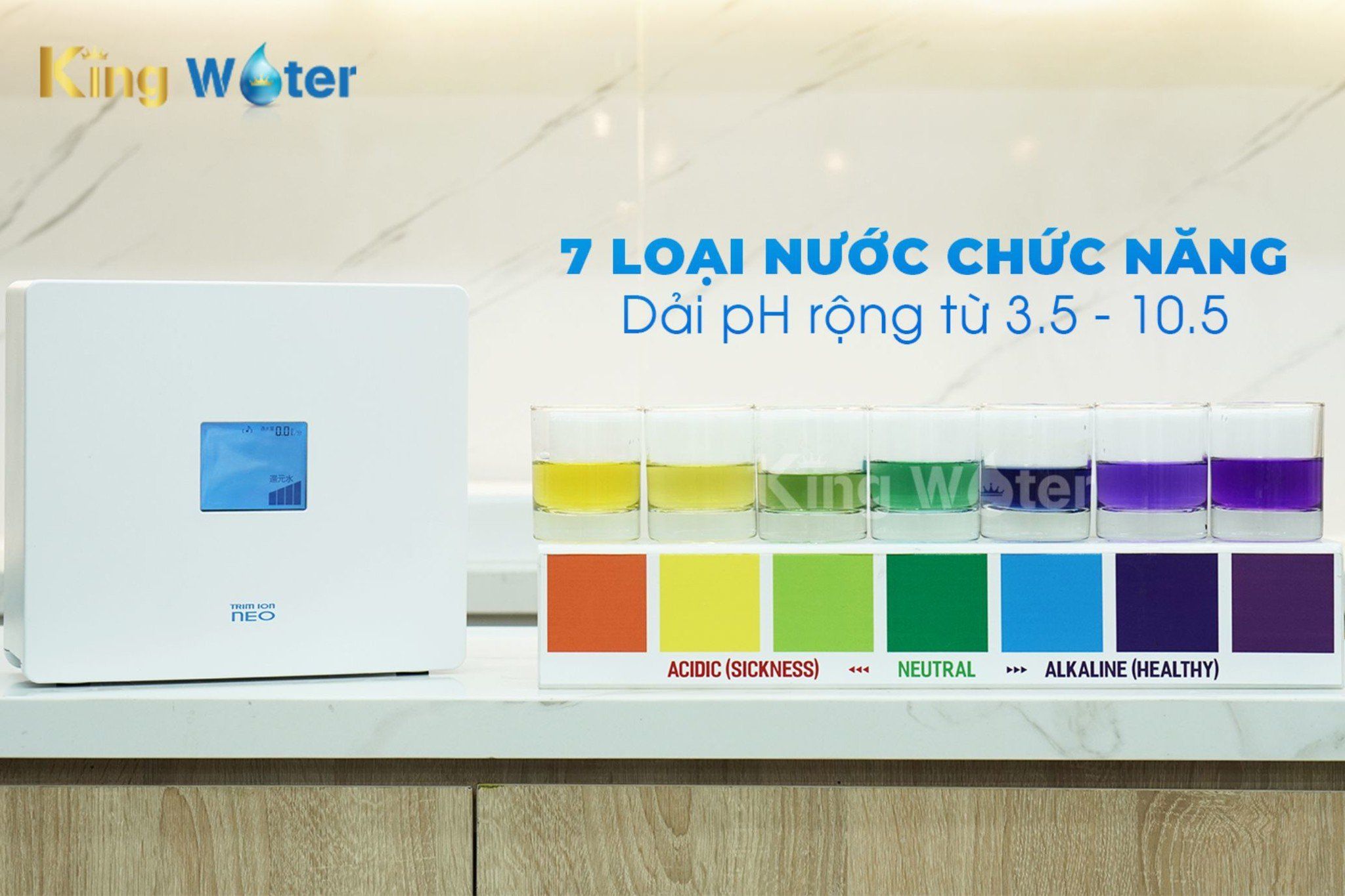 Trim iON tạo ra 7 loại nước với dải pH rộng từ 3.0 - 10.5