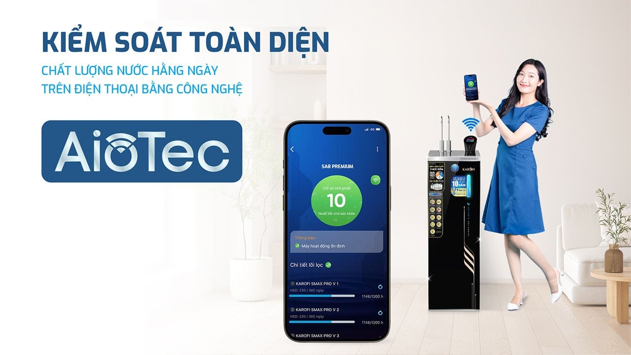 Máy lọc nước SA8 PREMIUM trang bị công nghệ AioTec giúp giám sát chất lượng nước hằng ngày