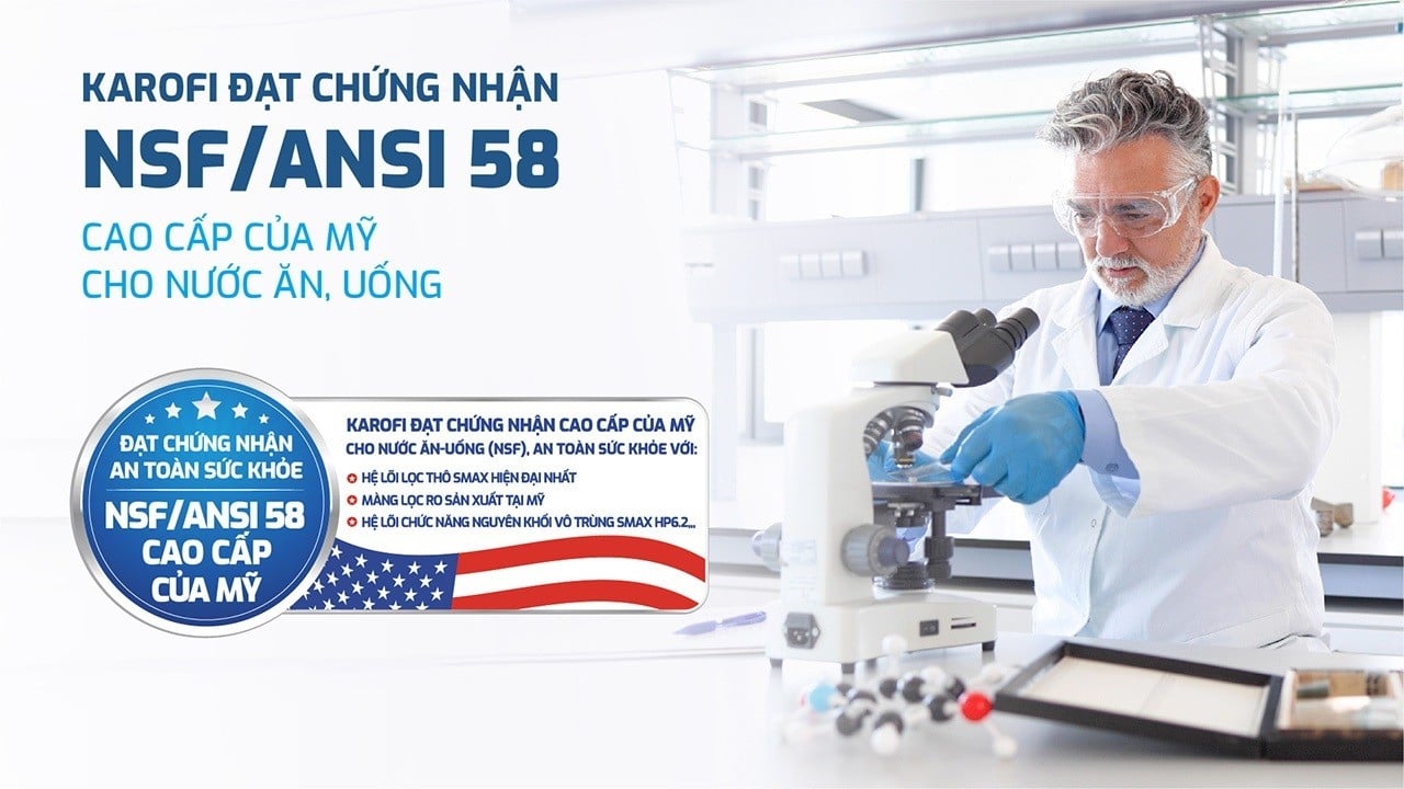 Máy lọc nước SA8 PREMIUM&nbsp;Karofi đạt chứng nhận an toàn sức khỏe NSF/ANSI 58 cao cấp của Mỹ