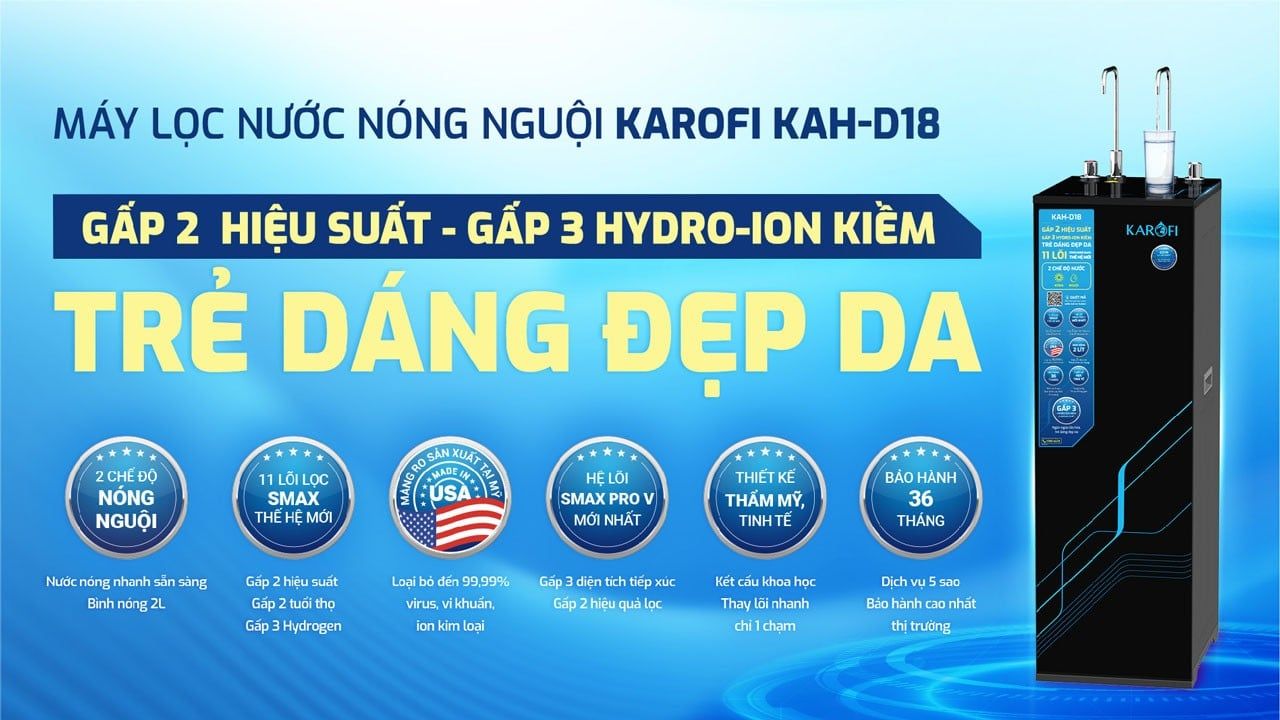 Máy lọc nước RO nóng nguội KAH-D18: Gấp 2 hiệu suất – Gấp 3 hydro-ion kiềm – Trẻ dáng đẹp da