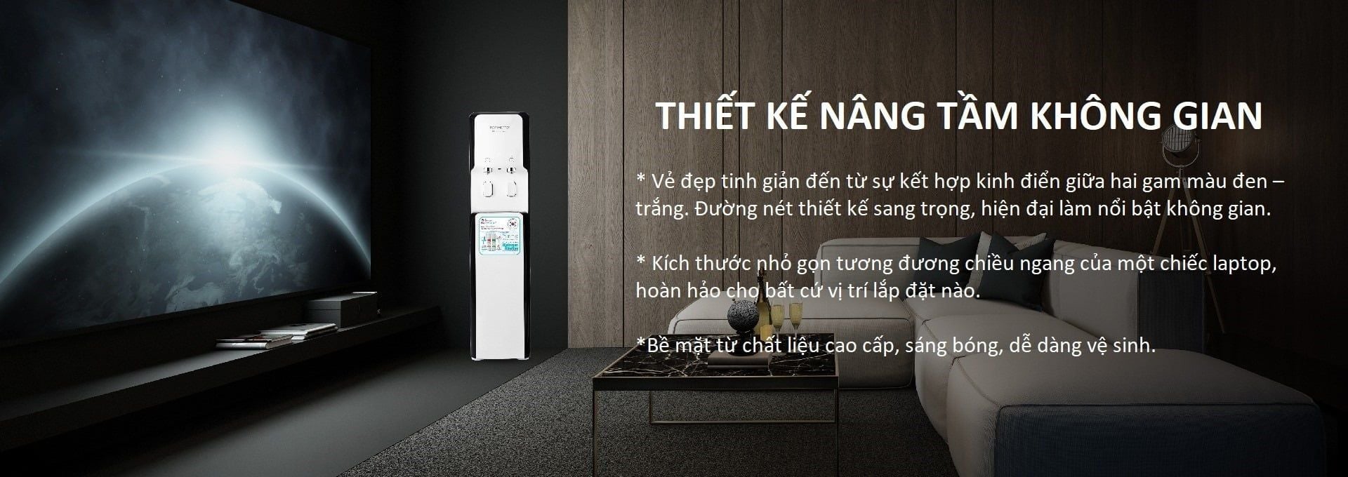 Máy lọc nước nóng lạnh RO Korihome WPK-928 sở hữu thiết kế tinh gọn, màu trắng đen tối giản