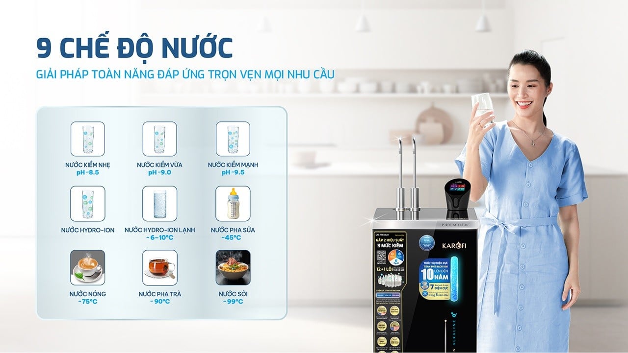 Máy lọc nước nóng lạnh Karofi SA8 PREMIUM với 9 chế độ nước đa dạng nhu cầu