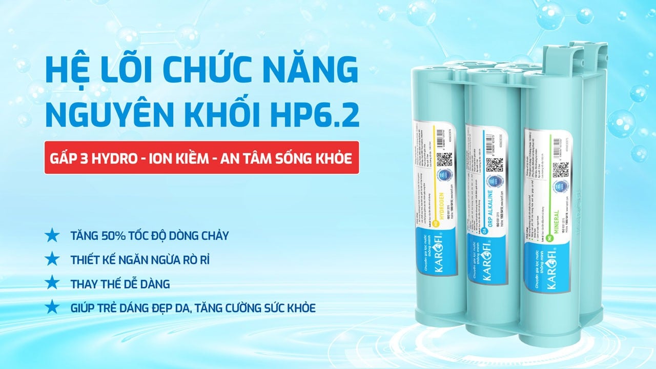 Máy lọc nước Hydro-ion Kiềm Karofi KAE-S68 trang bị hệ lõi chức năng HP 6.2