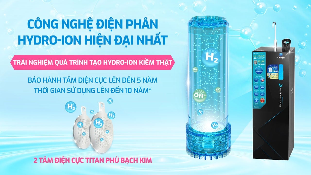 Máy lọc nước Karofi KAE-S68 trang bị công nghệ điện phân Hydro-ion hiện đại