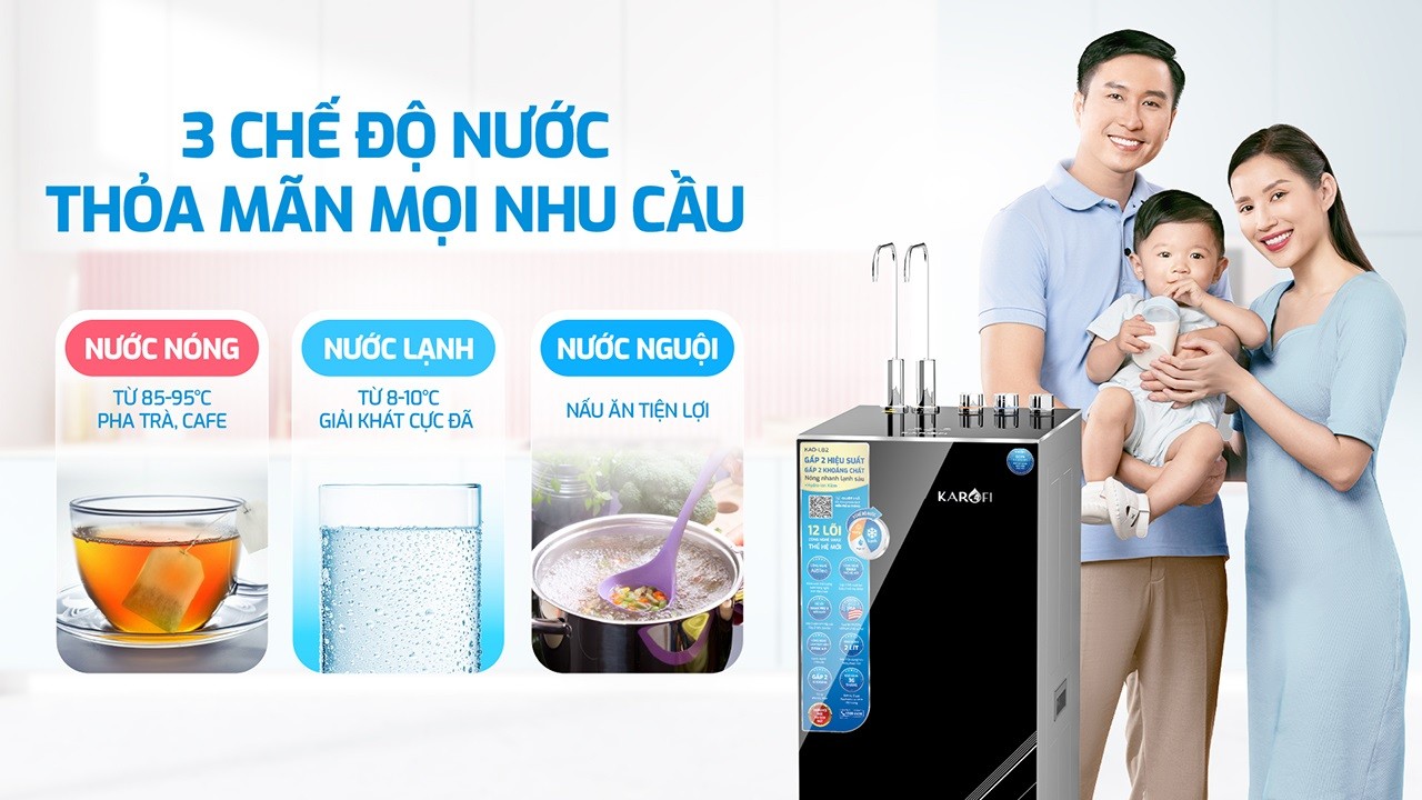 Máy lọc nước&nbsp;nóng lạnh Karofi&nbsp;KAD-L82 tạo 3 chế độ nước đáp ứng mọi nhu cầu