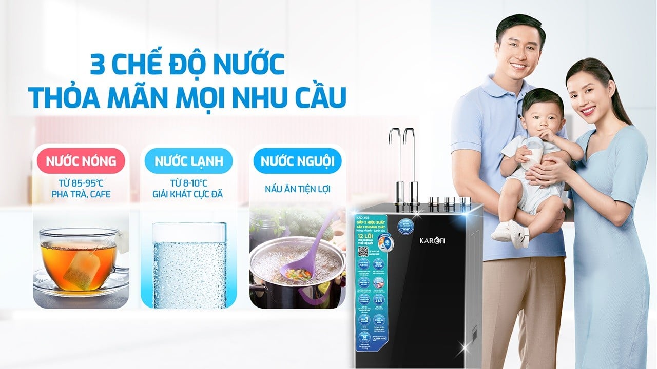 Máy lọc nước&nbsp;nóng lạnh Karofi&nbsp;KAD-X59&nbsp;tạo 3 chế độ nước đáp ứng mọi nhu cầu