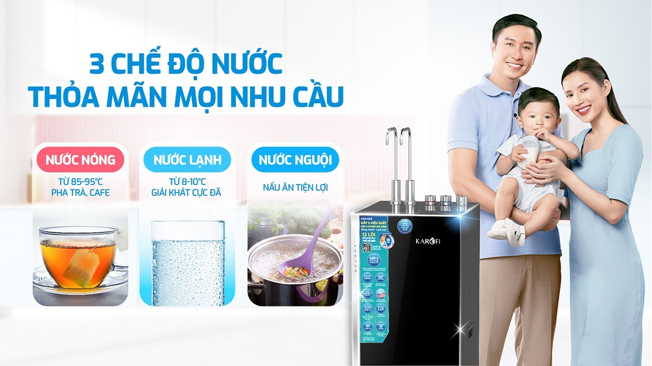 Máy lọc nước&nbsp;nóng lạnh Karofi&nbsp;KAD-X69&nbsp;tạo 3 chế độ nước đáp ứng mọi nhu cầu