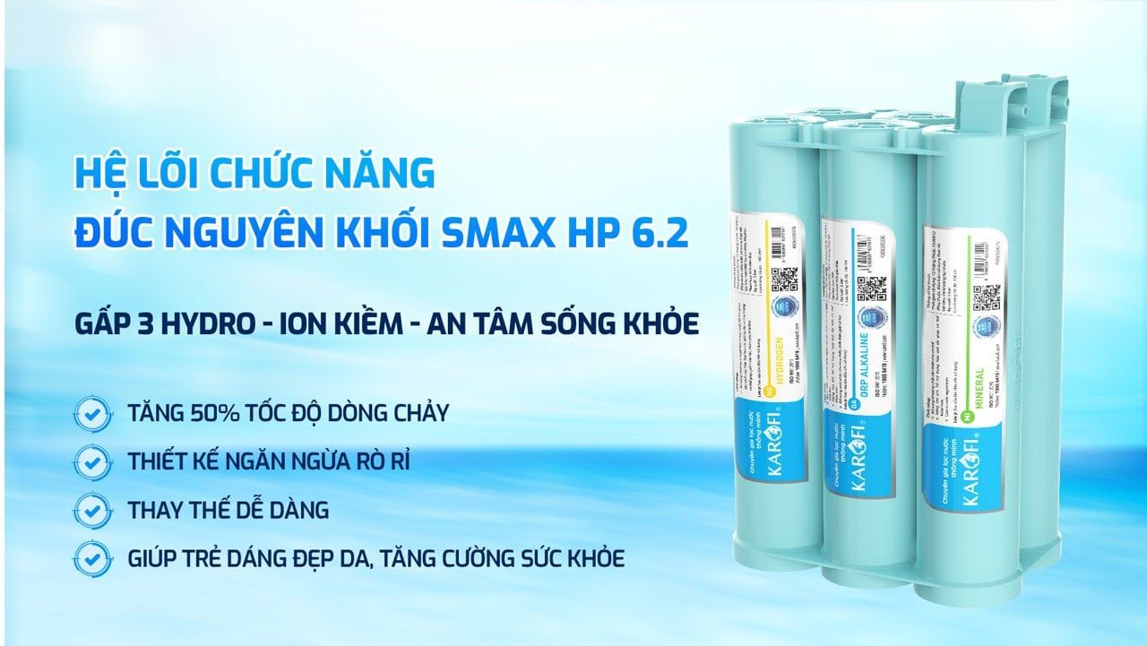 Máy lọc nước Karofi KAH-D18 sử dụng nhóm lõi chức năng cụm Smax HP 6.2 đúc nguyên khối