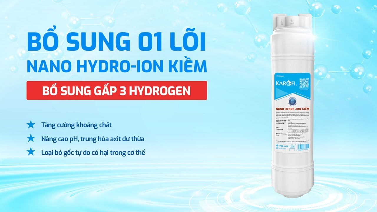 Máy lọc nước Karofi&nbsp;KAE-S66&nbsp;trang bị lõi Hydro-ion kiềm giúp gấp 3 Hydrogen trong nước