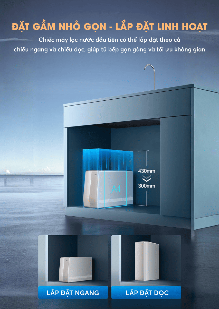 Máy lọc nước RO AO Smith R700Slim sở hữu thiết kế nguyên khối gọn gàng, linh hoạt mọi không gian