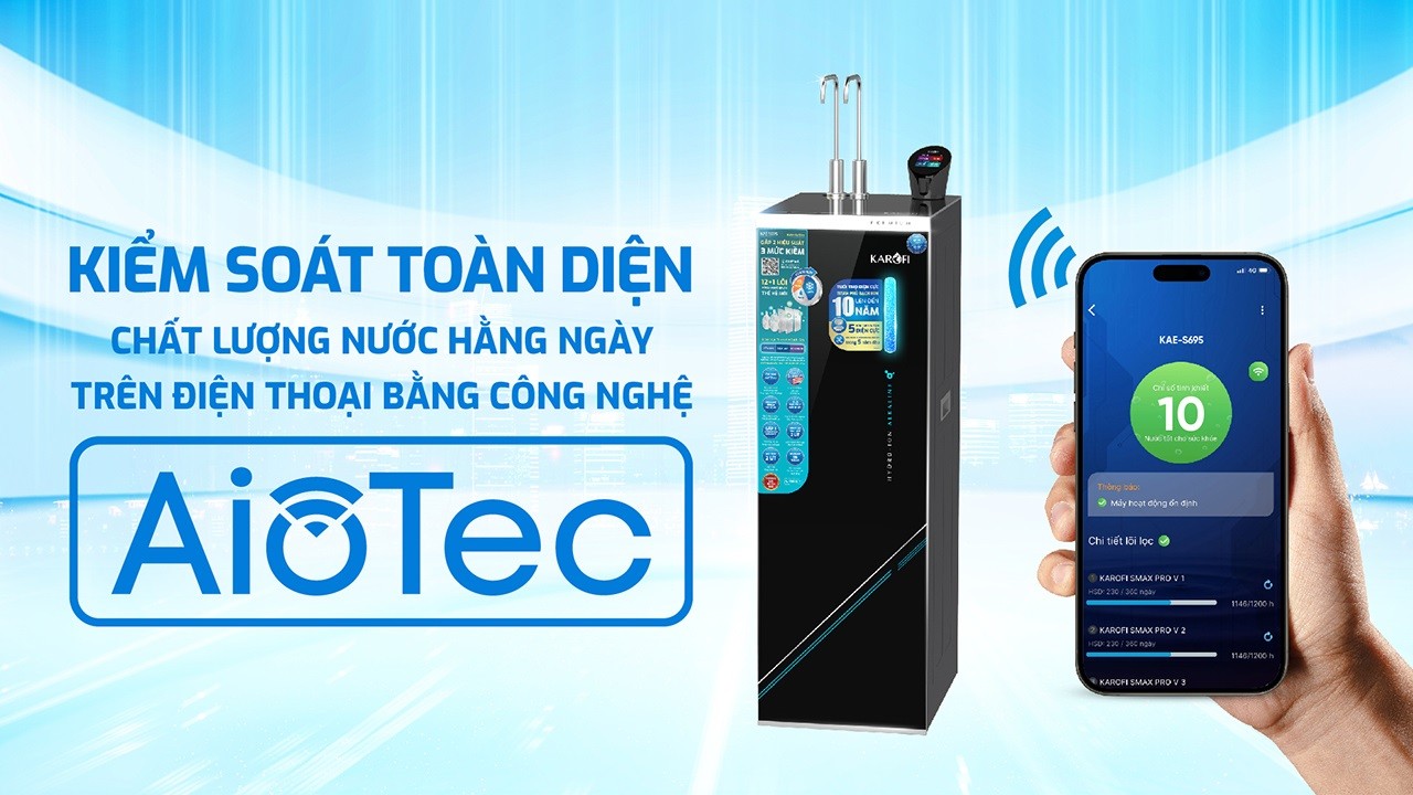 Máy nóng lạnh KAE-S695 trang bị công nghệ AioTec giúp giám sát chất lượng nước hằng ngày