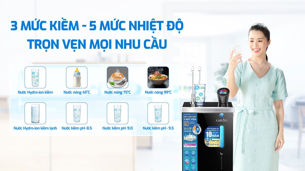 Karofi KAE - S88 với  3 mức kiềm - 5 mức nhiệt độ trọn vẹn cho mọi nhu cầu