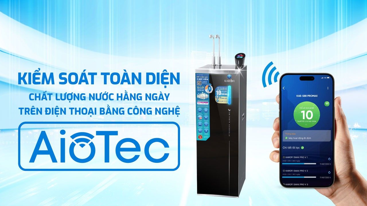 Karofi KAE - S88 Promax trang bị công nghệ thông minh AioTec - Giám sát chất lượng nước từ xa thông qua điện thoại.